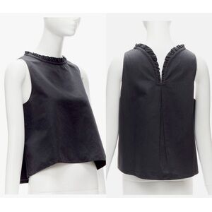 Atlantique Ascoli Paris Designer Black Ruffle Collar Boxy Blouse Top Bateau NWT